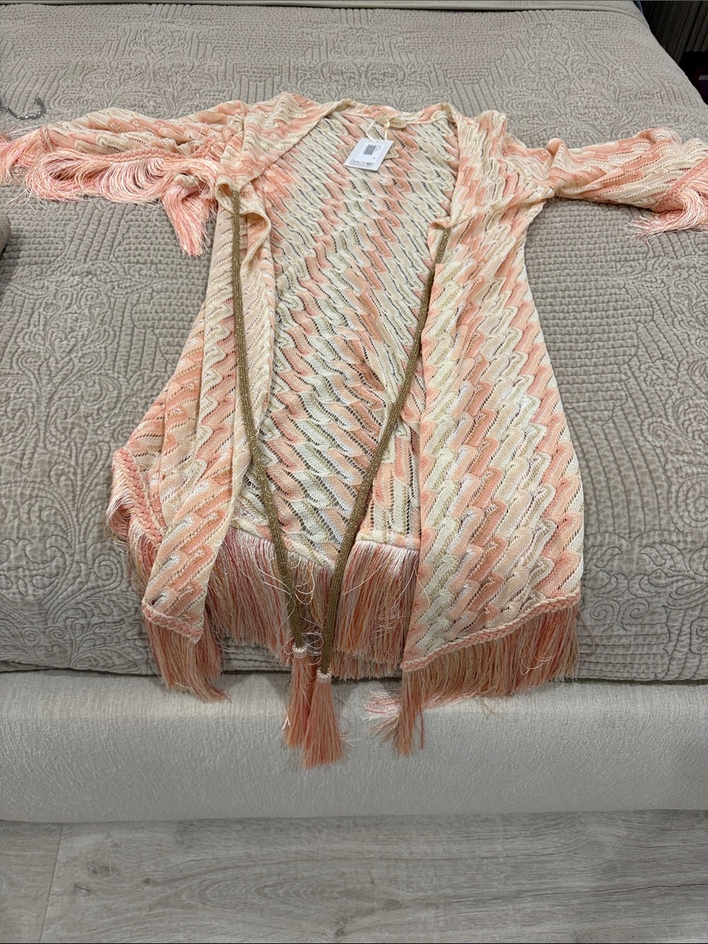 Fringed Open-Front Knit Cardigan in Light Peach